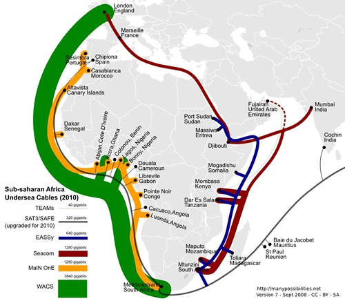 Map of Africa showing subsea cables in 2010