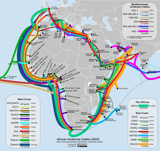 Map of Africa showing subsea cables in 2023